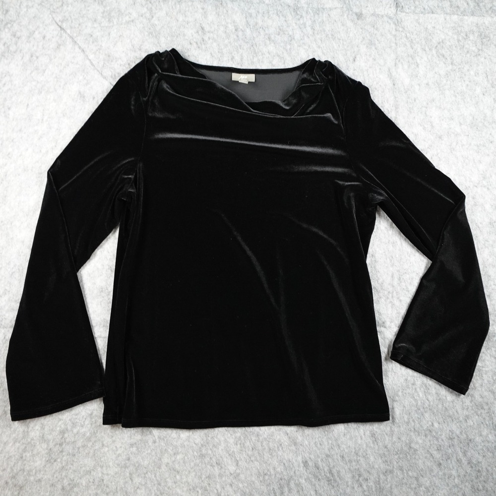 J Jill Top Women Medium Black Velvet Stretch Drape Neck Long Bell Sleeve Holiday